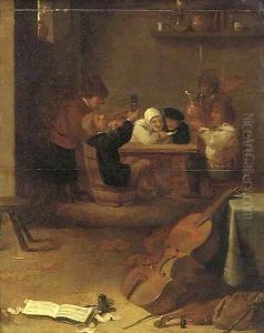 Peasants drinking and smoking in an inn, musical instruments in the foreground by David The Younger Teniers