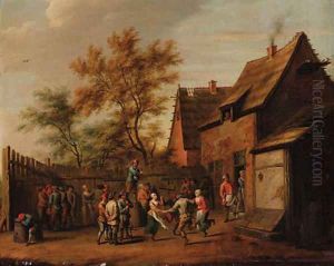 Peasants making merry in the courtyard of an inn by David The Younger Teniers