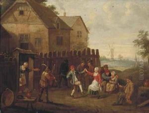Peasants merrymaking and dancing by an inn by David The Younger Teniers