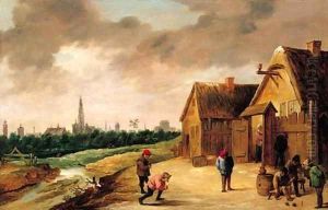 Peasants playing skittles beside a stream outside an inn, a view of Antwerp beyond