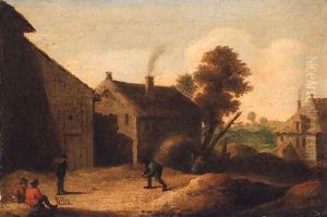 Peasants playing skittles by a farm