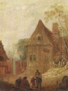 Peasants resting on a track by a farm