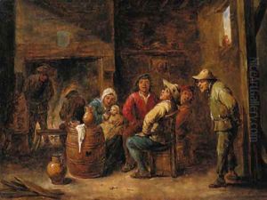 Peasants singing and a mother with her child in an interior by David The Younger Teniers