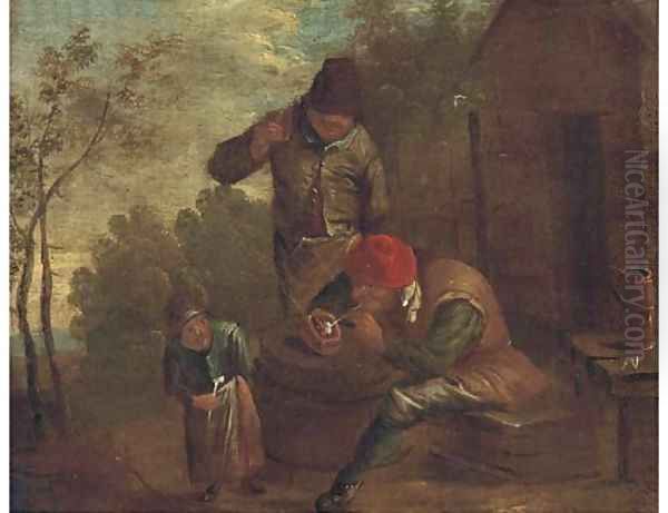 Peasants smoking and drinking outside a cottage - view 1
