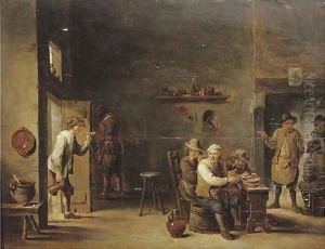 Peasants smoking in an interior with other figures by a fireplace by David The Younger Teniers