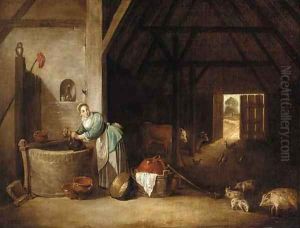 The interior of a barn with a woman at a well by David The Younger Teniers