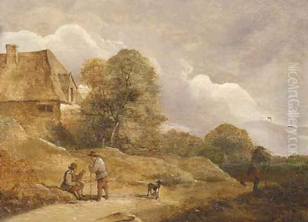 Travellers resting by a sandy track near a farm - view 1