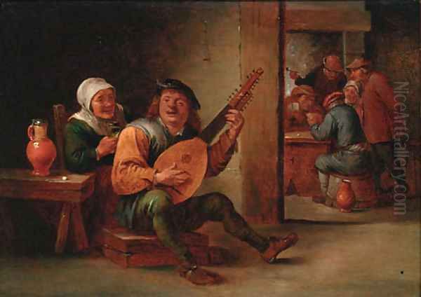 A boor playing a lute in an interior with a woman drinking at his side, peasants playing cards beyond - view 1