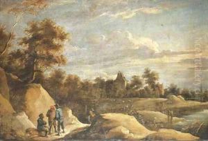 A landscape with peasants conversing on a path by a river, a chateau beyond by David The Younger Teniers