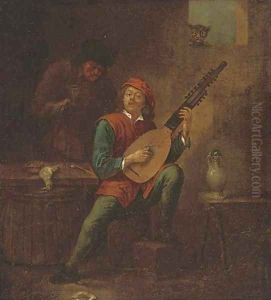 A man playing a lute in an interior by David The Younger Teniers