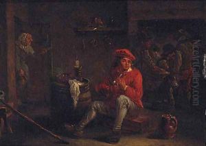 A man smoking a pipe in an inn with card players beyond by David The Younger Teniers