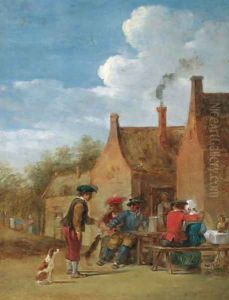 A peasant couple and travellers at table outside an inn by David The Younger Teniers