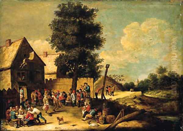 A peasant couple dancing to the music of a bagpiper, standing on a barrel, with other peasants merrymaking, ouside an inn - view 1