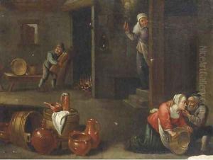 A peasant couple in an interior, with kitchen utensils in the lower foreground by David The Younger Teniers