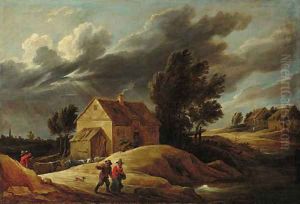 A Peasant couple on a path and a herdsman driving his cattle in a dune landscape, a town beyond by David The Younger Teniers