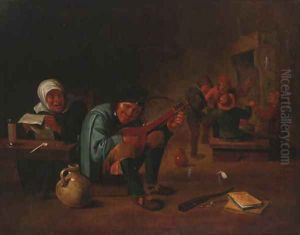 A peasant playing a lute in a tavern interior by David The Younger Teniers