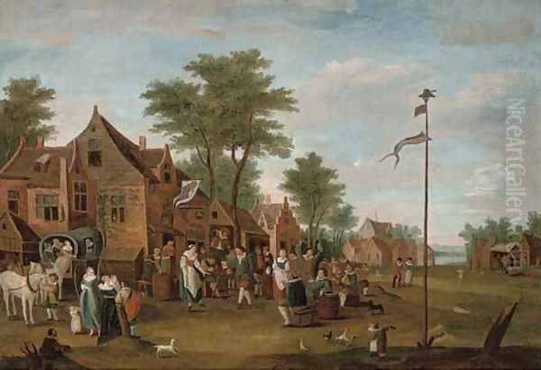 A river landscape with peasants merry-making outside an inn - view 1