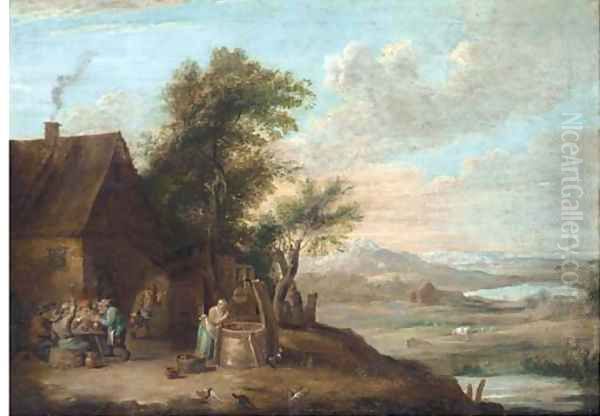 A river landscape with peasants smoking and drinking outside an inn, with a women getting water from a well - view 1