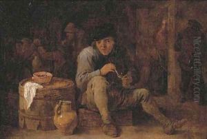 A seated peasant smoking in an interior, other figures in the background A seated peasant smoking in an interior, other figures in the background