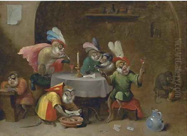 A tavern interior with monkeys drinking and smoking - view 1