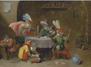 A tavern interior with monkeys drinking and smoking by David The Younger Teniers