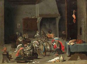 A Tavern Interior with Monkeys playing Cards and Backgammon by David The Younger Teniers