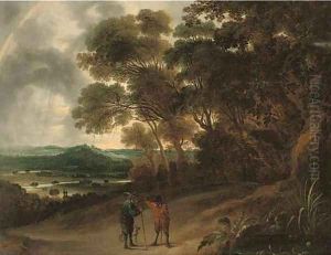 A wooded river landscape with figures conversing on a track by David The Younger Teniers