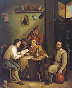 Boors drinking and smoking in an interior by David The Younger Teniers