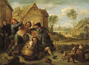 Boors fighting over cards by an inn by David The Younger Teniers
