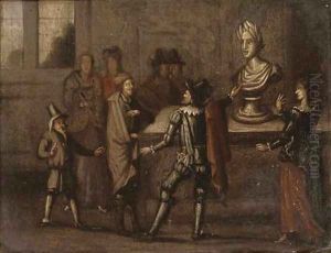 Elegant figures conversing before a stature in an interior