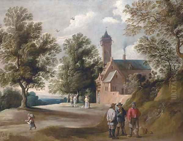 Figures conversing outside a country house - view 1