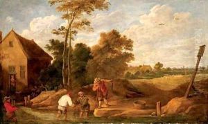 Figures fishing in a stream by a cottage by David The Younger Teniers