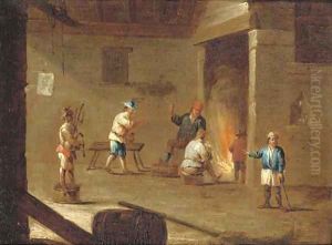 Figures in an interior smoking and drinking by a fire, with another figure playing the doodle-sack