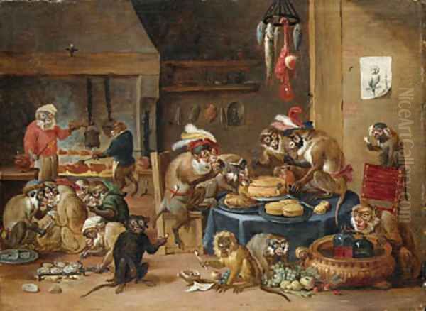 Monkeys preparing food in a kitchen - view 1