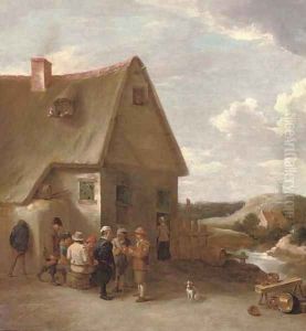 Peasants conversing by a cottage by David The Younger Teniers