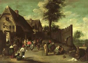 Peasants feasting and dancing outside an inn by David The Younger Teniers