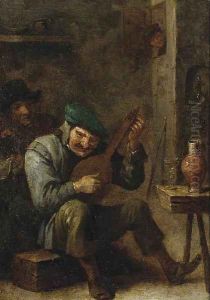 Peasants making music in an interior, with a roemer of wine on a stool by David The Younger Teniers
