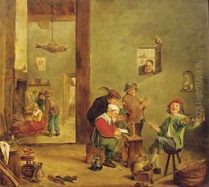 Peasants reading a letter, drinking and smoking in an inn, figures by a fireplace beyond by David The Younger Teniers