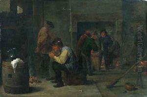 Peasants smoking others standing by a fireplace beyond, in an inn by David The Younger Teniers