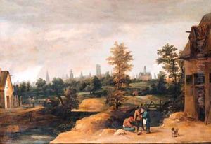 Travellers resting by a farmhouse, a town beyond by David The Younger Teniers