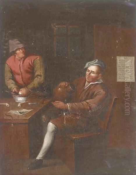 Two men smoking and drinking in an interior - view 1