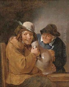 Two peasants smoking and drinking in an interior by David The Younger Teniers