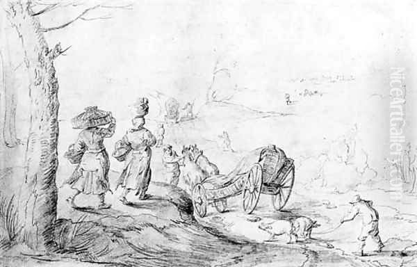 Two women going to market, other figures with carts and pigs on a road in an extensive landscape - view 1