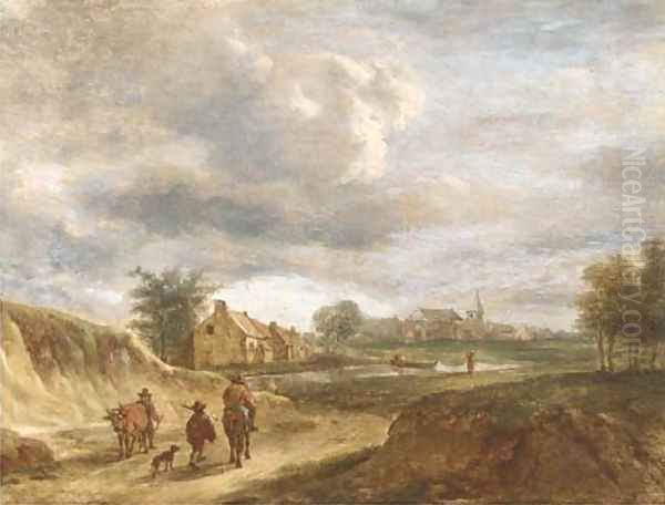 A river landscape with travellers on a track, a town beyond - view 1