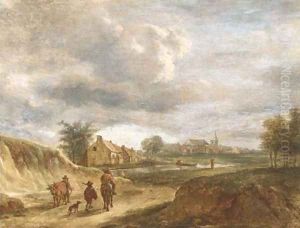 A river landscape with travellers on a track, a town beyond by David The Younger Teniers