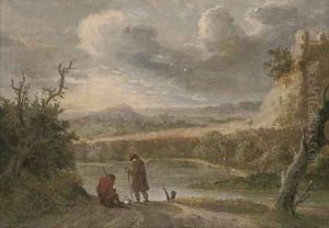 A river landscape with travellers resting on a trac by David The Younger Teniers