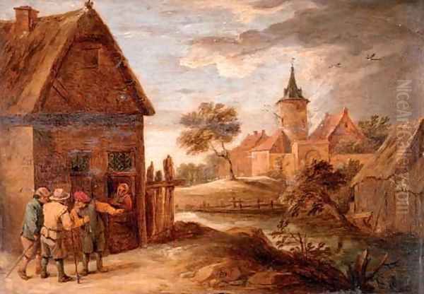 Figures outside a cottage, a town beyond - view 1