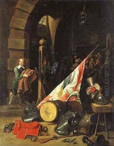 Armour, a saddle, a drum, a banner, a plumed helmet on a bench and other objects in a guardroom