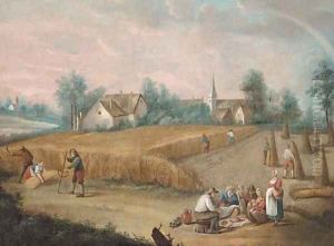 Skittle players in a village; and Peasants harvesting wheat and eating