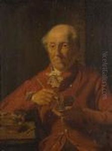Portrait Of A Seated Gentleman In Red Coat Preparing A Pipe